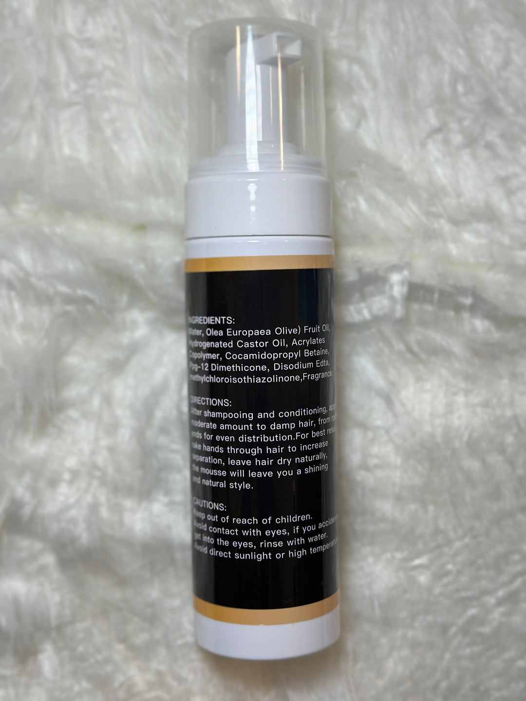 Back label of Lux Hair Essentials Hair Mousse bottle showing ingredients, directions, and cautions.