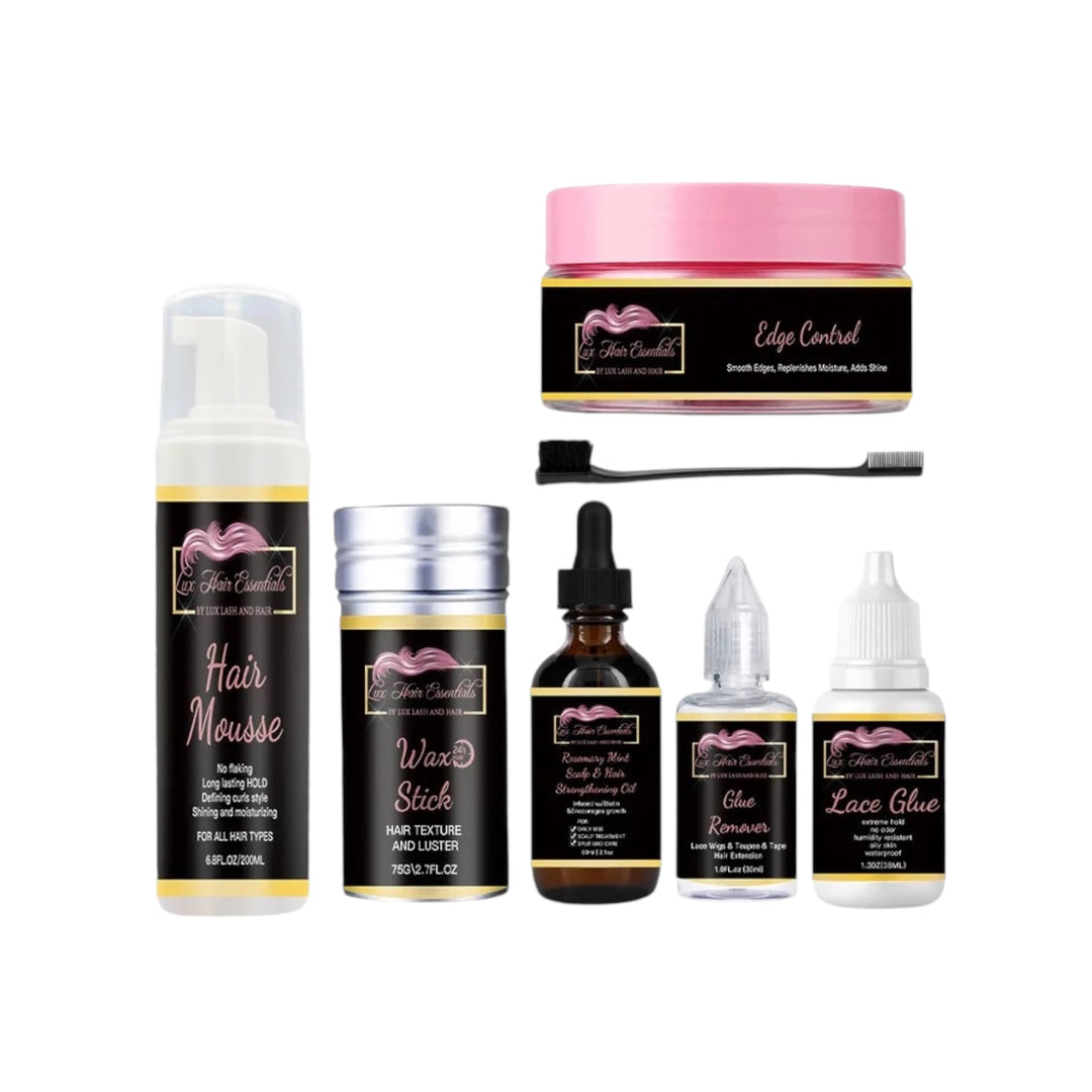 Lux Hair Essentials Complete Set including mousse, wax stick, scalp oil, edge control with brush, lace glue, and remover – full daily hair care kit.