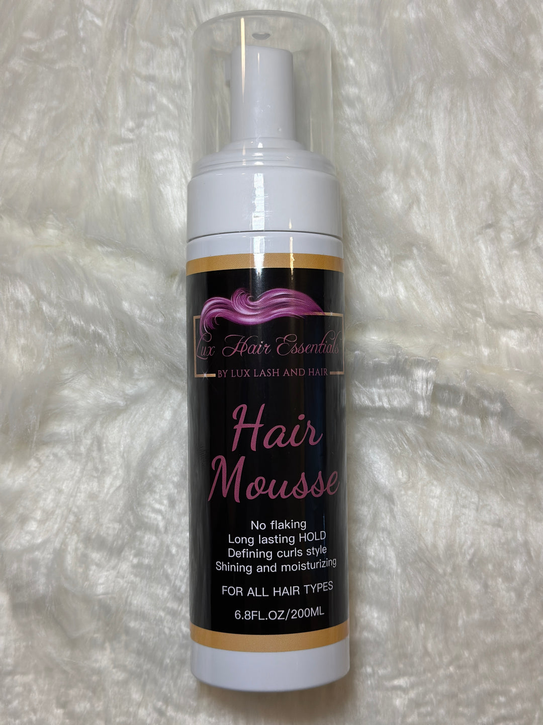 Lux Hair Essentials Hair Mousse 6.8 oz bottle for defining curls, shine, and moisture.