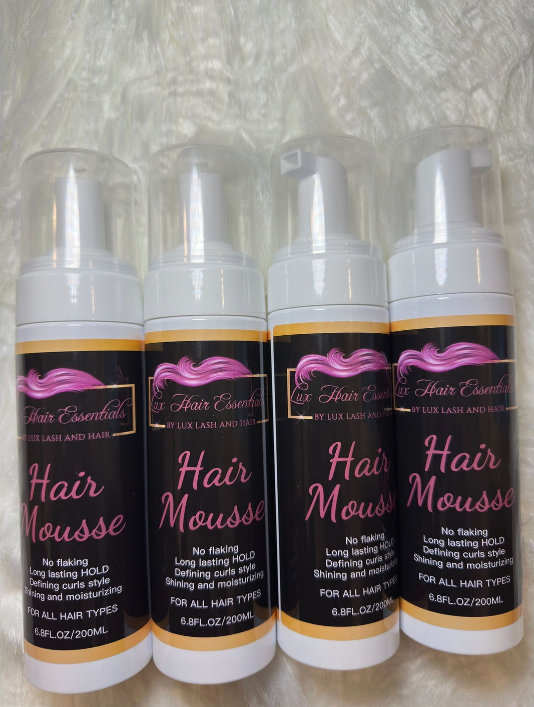 Set of four Lux Hair Essentials Hair Mousse bottles 6.8 oz – curl defining, long-lasting hold, no flaking, adds shine and moisture for all hair types.