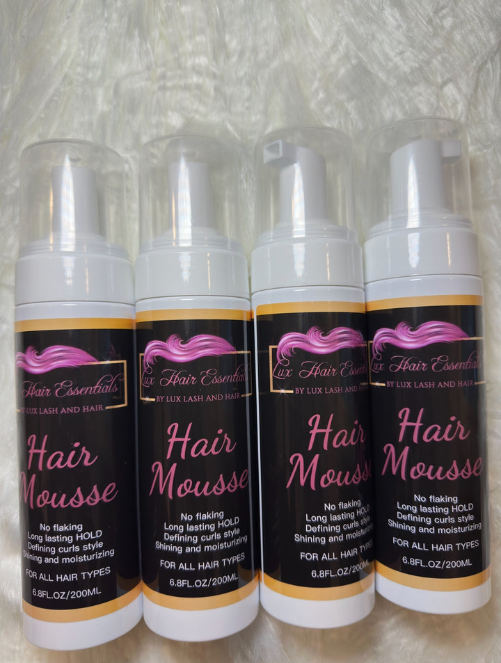 Set of four Lux Hair Essentials Hair Mousse bottles 6.8 oz – curl defining, long-lasting hold, no flaking, adds shine and moisture for all hair types.