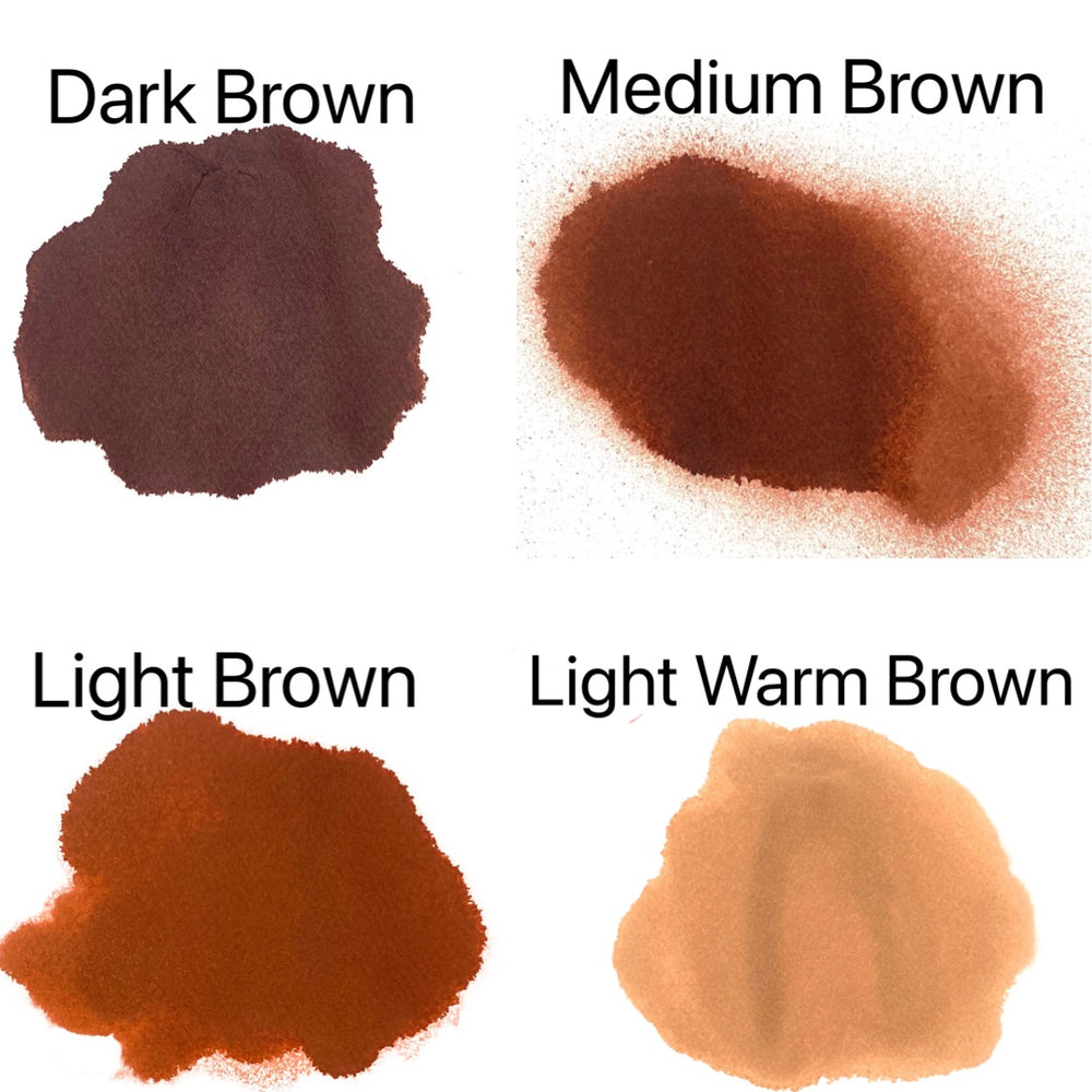 Lace Tint Spray shade chart showing four colors: Dark Brown, Medium Brown, Light Brown, and Light Warm Brown for natural wig lace blending.
