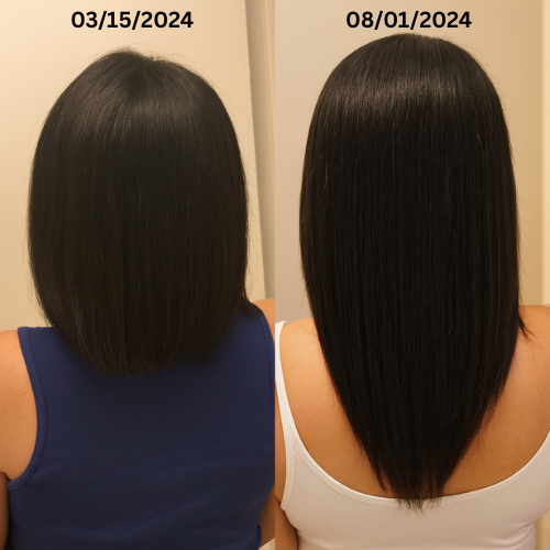 Before and after hair growth results from March 15, 2024 to August 1, 2024 showing visibly longer, healthier, and shinier hair.