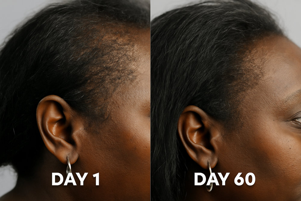 Before and after hair growth results over 60 days showing significant improvement in hairline density and fullness.