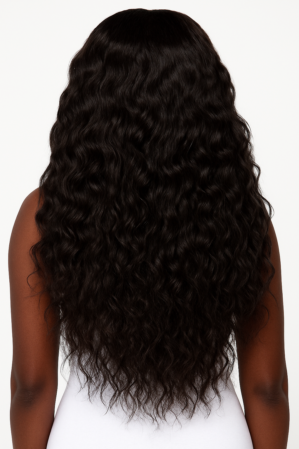 Back view of model wearing Raw Deep Wave hair bundles, showcasing defined wave pattern and full, natural volume.