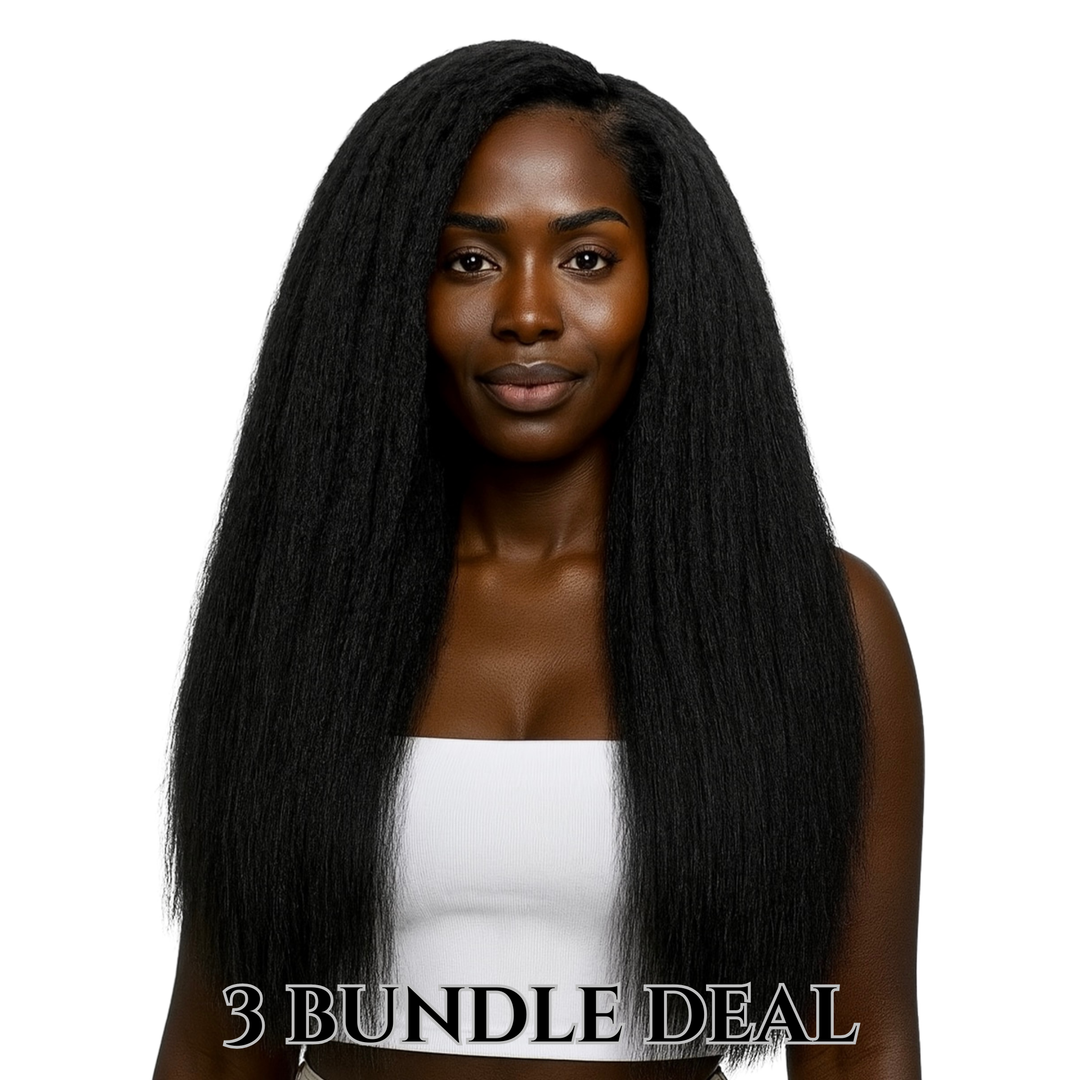 Model wearing Raw Kinky Straight hair bundles, showcasing coarse, natural texture with full volume and a sleek finish.