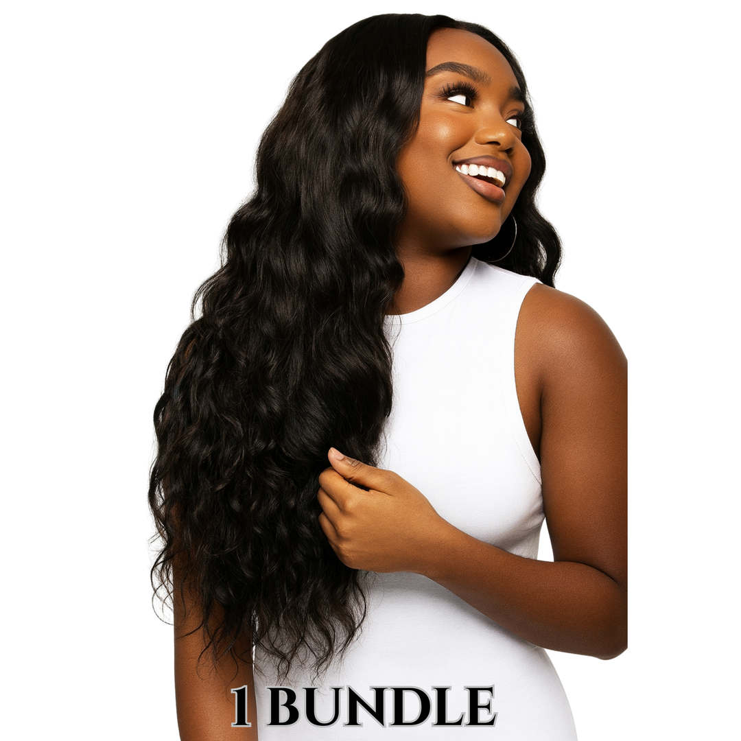 Model wearing Raw Deep Wave hair bundles, showcasing defined wave pattern with natural luster and soft volume.