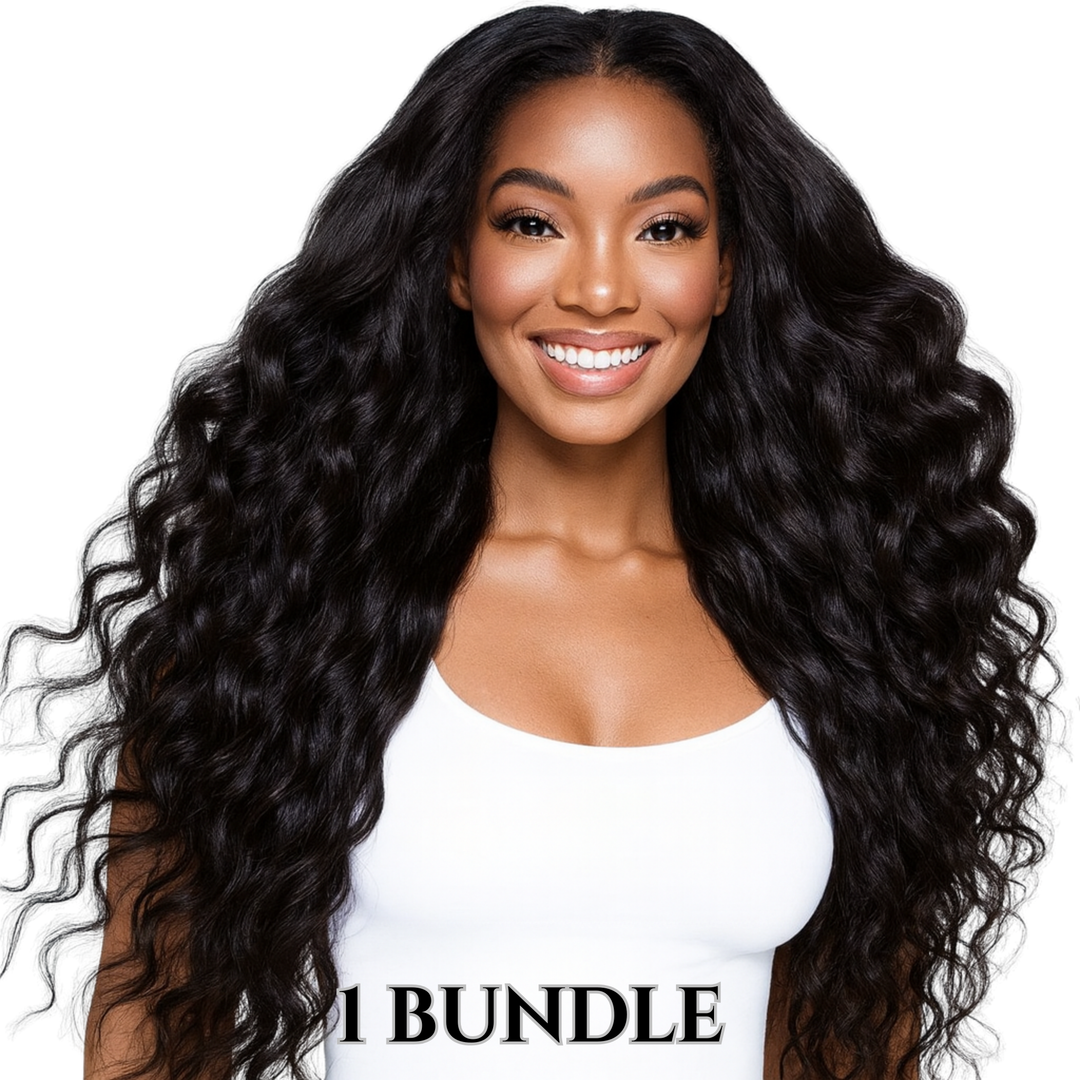 Model wearing Raw Natural Wave hair bundles, showcasing loose wave pattern with soft volume and natural shine