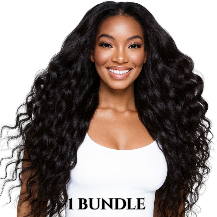 Model wearing Raw Natural Wave hair bundles, showcasing loose wave pattern with soft volume and natural shine