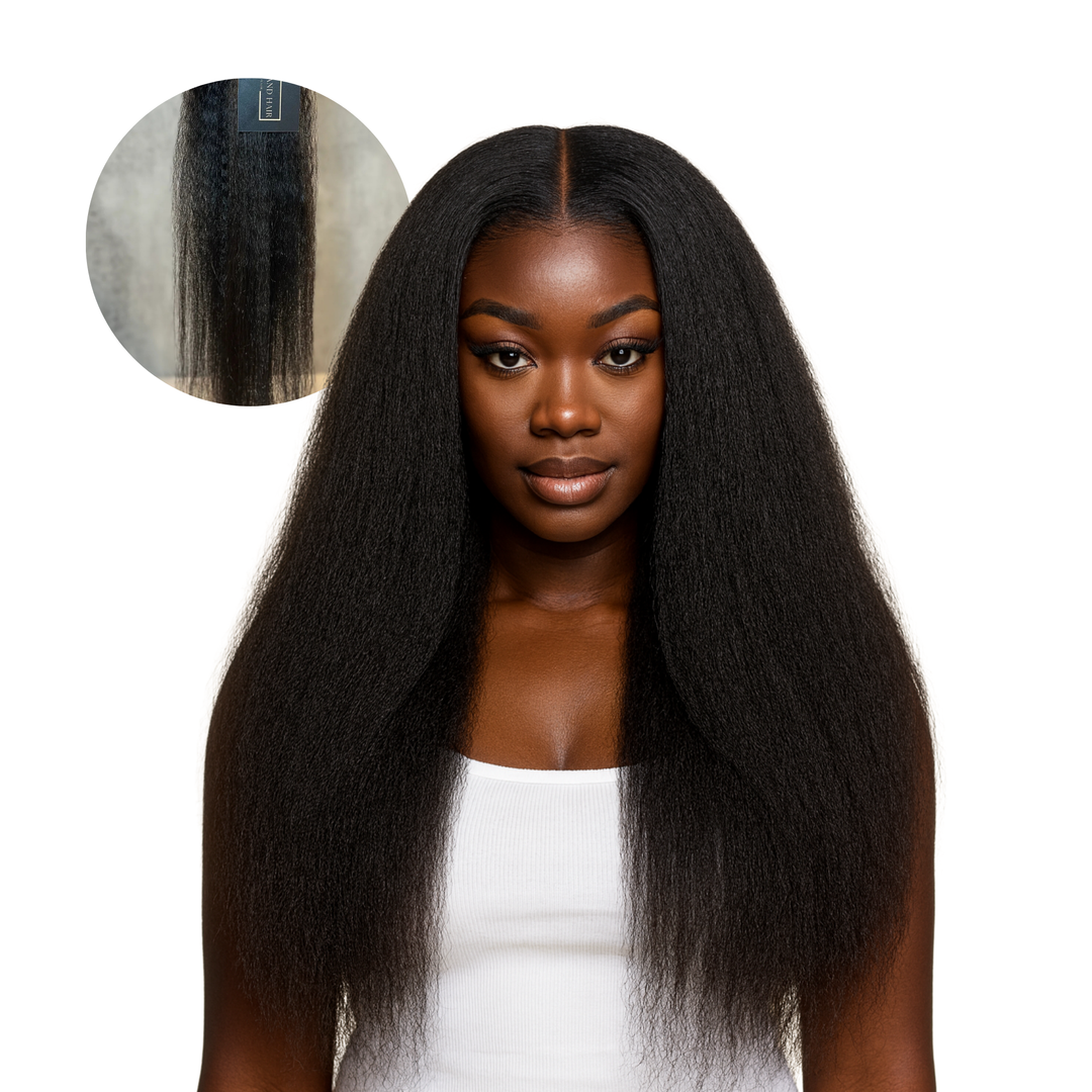 lux lash and hair Raw Cambodian Kinky Straight hair bundles and closure installed on model, with close-up inset showing coarse, natural texture and full volume.