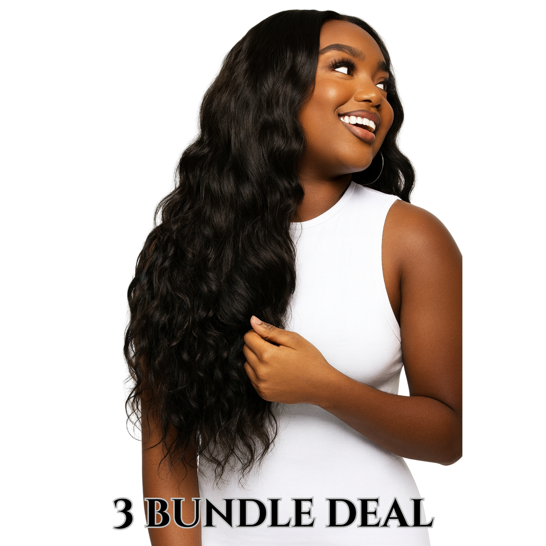 Model wearing 3 bundles of Raw Deep Wave hair, showcasing defined wave pattern with natural luster and soft volume.