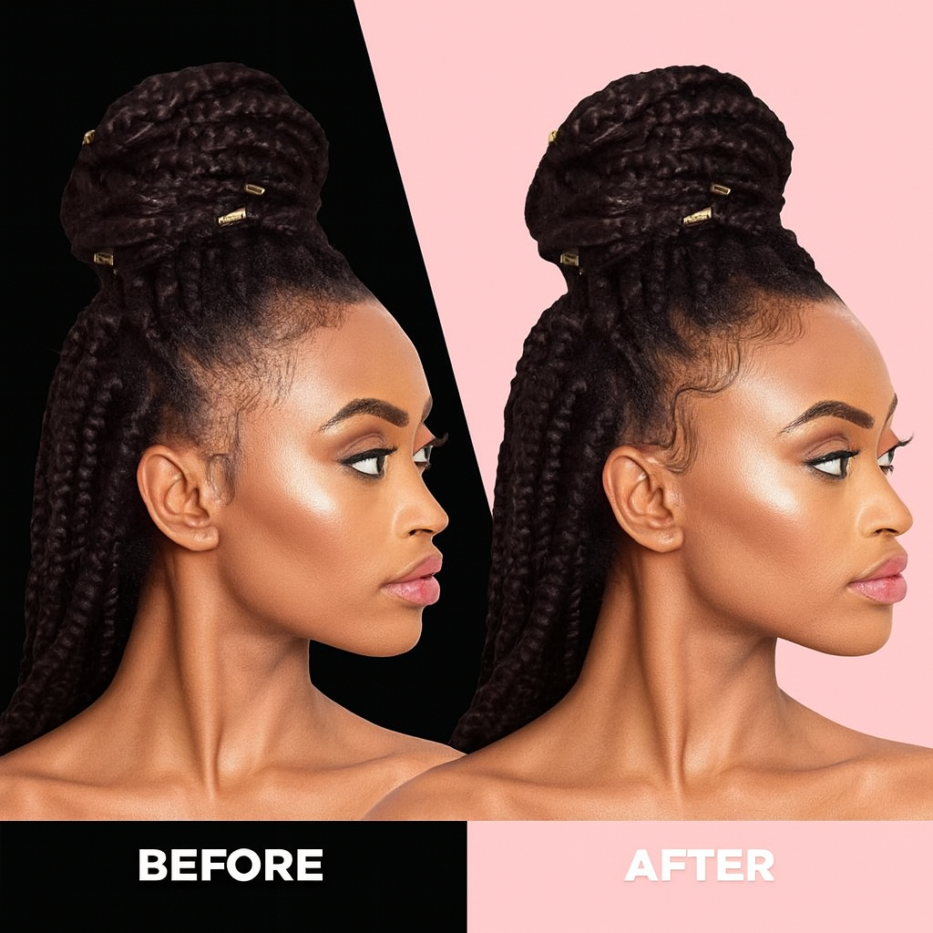 Before and after comparison of a woman with braided hairstyle showing smooth, styled edges using edge control.
