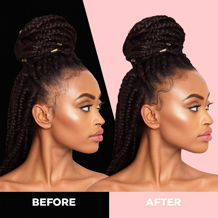 Before and after comparison of a woman with braided hairstyle showing smooth, styled edges using edge control.