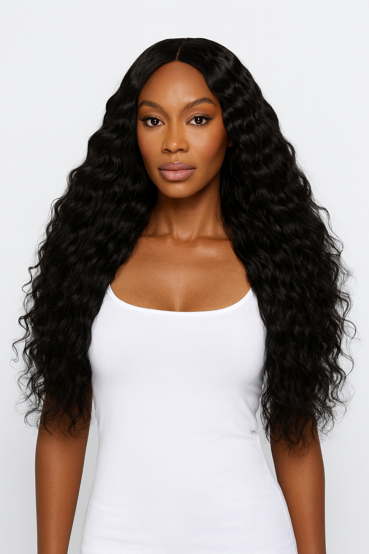 Model wearing Raw Deep Wave hair bundles, featuring defined deep wave pattern with natural volume and shine.