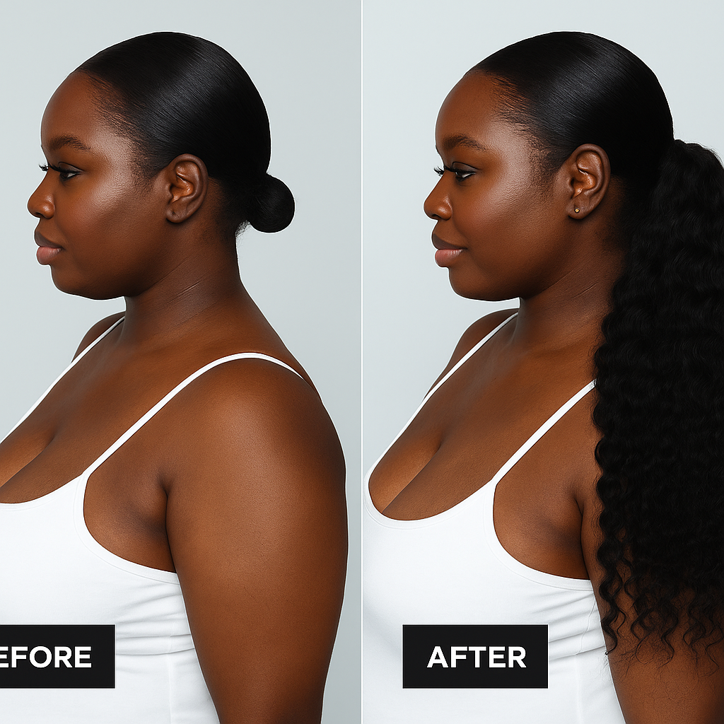 Before and after photo showing Raw Burmese Curly Clip-In Ponytail transformation, adding length and volume to natural hair.