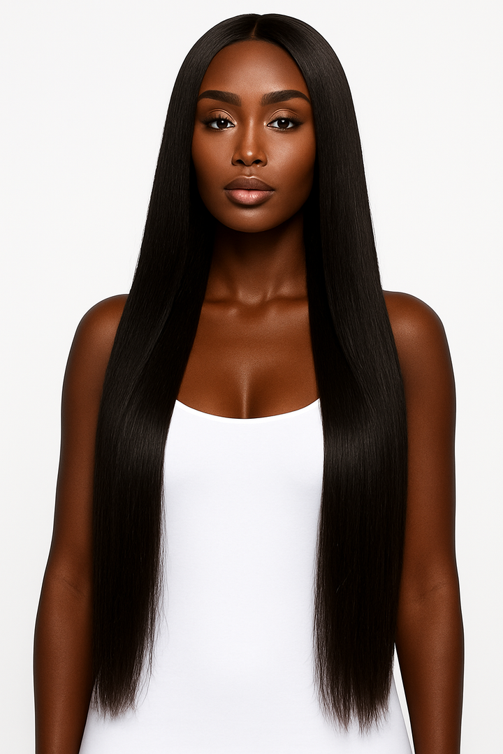 Model wearing Raw Vietnamese Straight hair bundles, showcasing sleek, silky texture with a center part and natural shine.