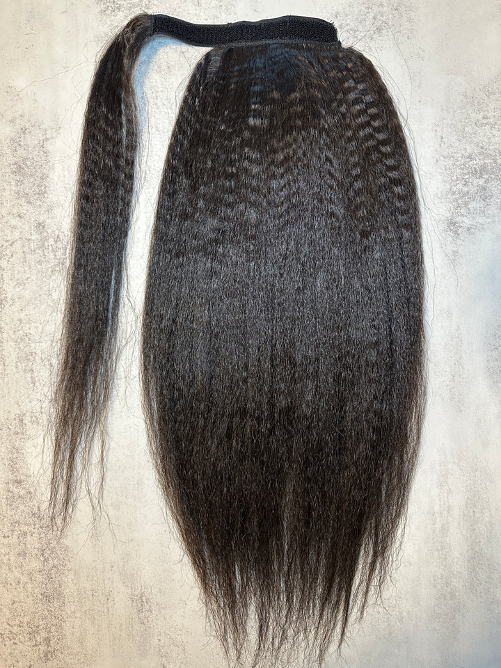 Raw Kinky Straight Clip-In Wrap Ponytail Extension – 100% raw Cambodian hair, natural 4A–4C texture, long and full.