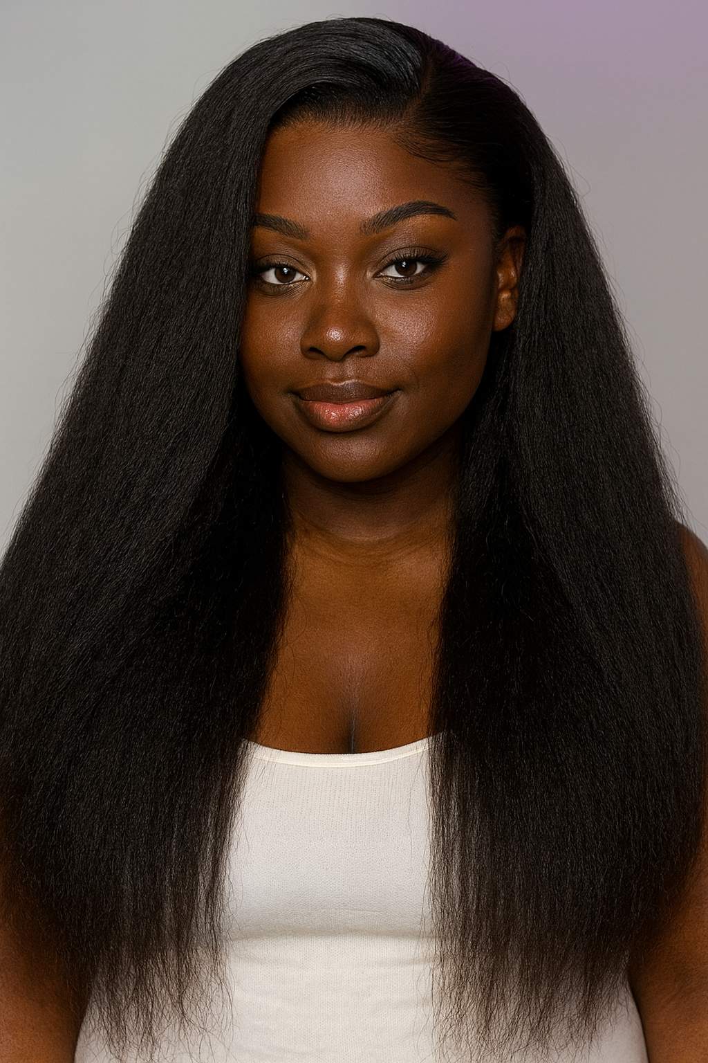 Model wearing Lux Lash and Hair Raw Cambodian Kinky Straight extensions, full coarse texture blending seamlessly with natural 4A–4C hair.