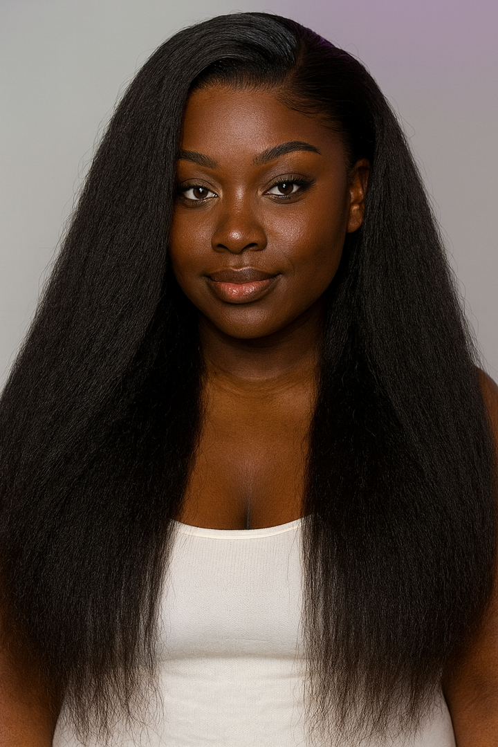 Model wearing Lux Lash and Hair Raw Cambodian Kinky Straight extensions, full coarse texture blending seamlessly with natural 4A–4C hair.