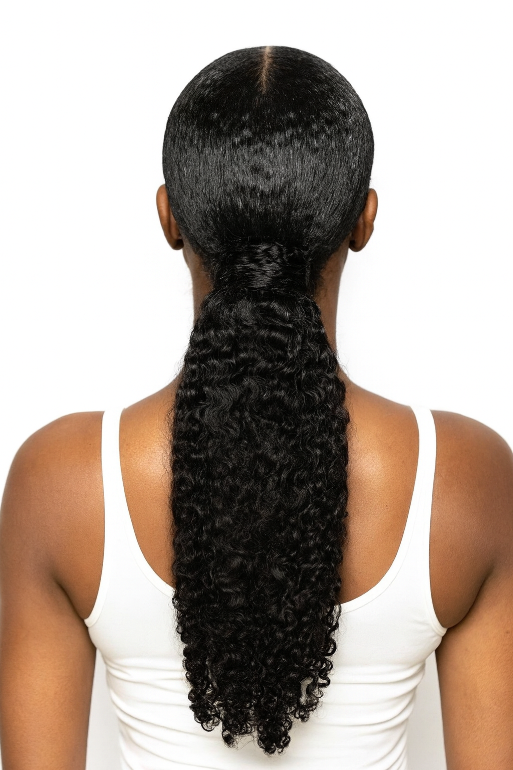 Back view of Raw Burmese Curly Ponytail Extension, long voluminous curls