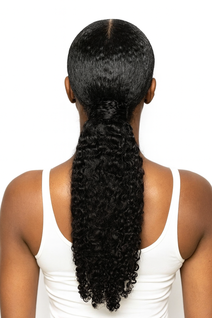 Back view of Raw Burmese Curly Ponytail Extension, long voluminous curls