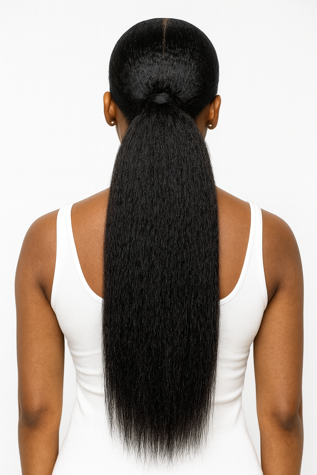 Raw Kinky Straight Clip-In Ponytail Extension – long black ponytail, natural 4A–4C texture, 100% raw Cambodian hair.