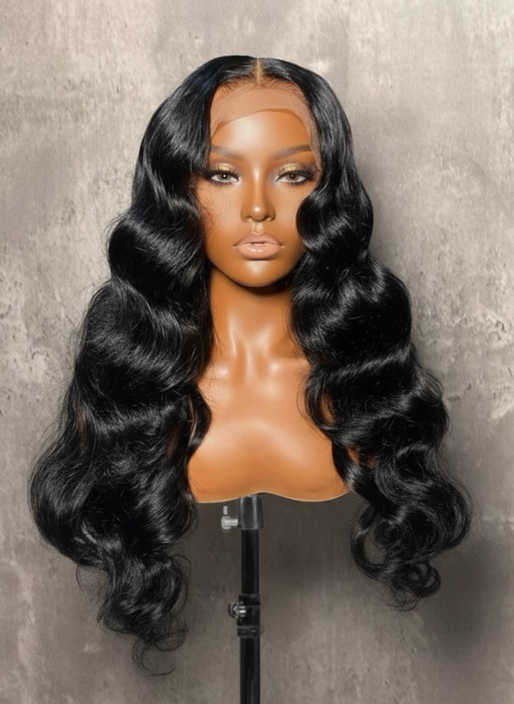 Premium 100% raw deep wave human-hair wig with HD lace front, long defined waves, and natural hairline — Lux Lash and Hair wig product photo.