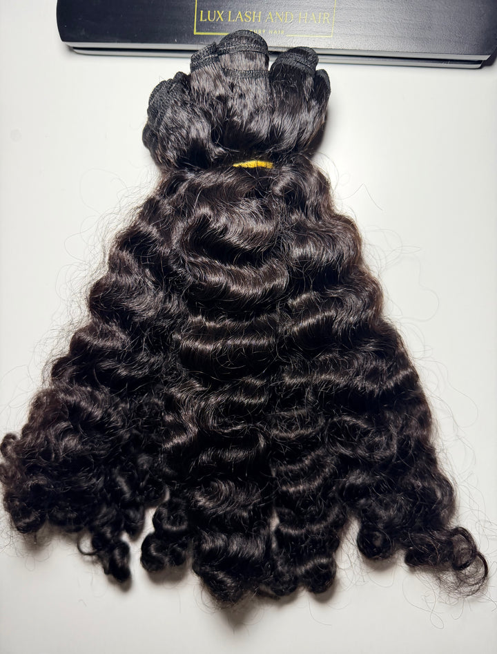 Raw Burmese curly human-hair bundle with tight defined curls and full, healthy ends on white background — Lux Lash and Hair.