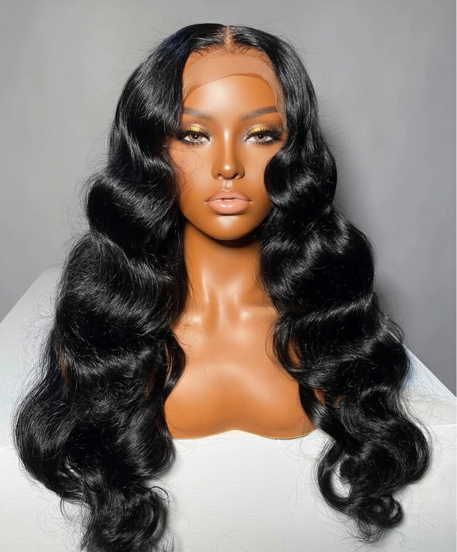 Premium 100% raw deep wave human-hair wig with HD lace front, long defined waves, and natural hairline — Lux Lash and Hair wig product photo.