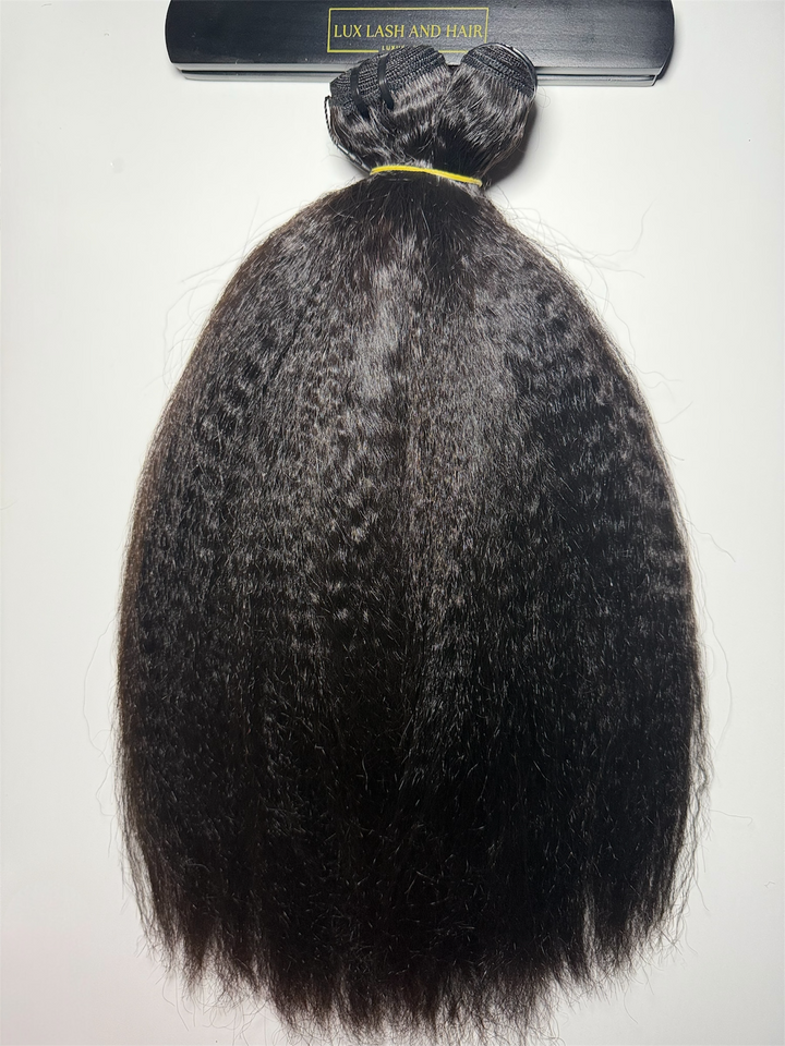 Raw kinky straight human-hair bundle with full blowout texture and thick ends on white background — Lux Lash and Hair.