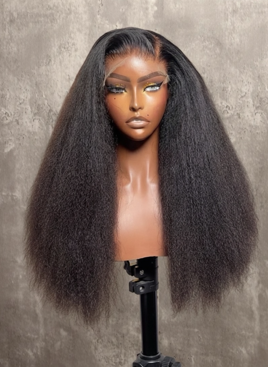 Raw kinky straight human-hair wig with full, textured volume and HD lace front displayed on mannequin — Lux Lash and Hair.