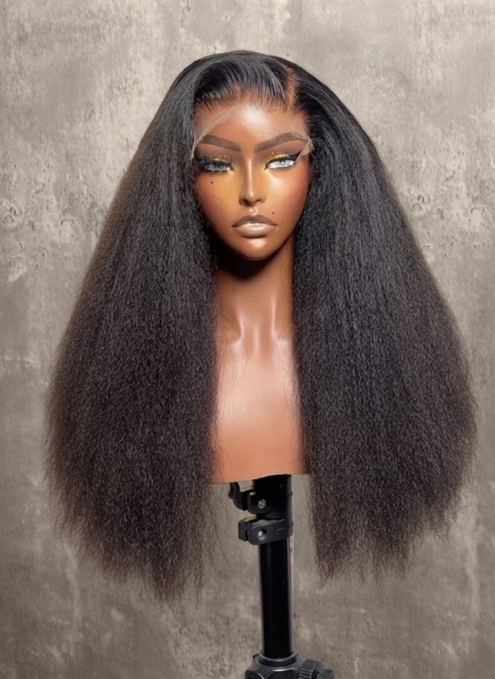 Raw kinky straight human-hair wig with full, textured volume and HD lace front displayed on mannequin — Lux Lash and Hair.
