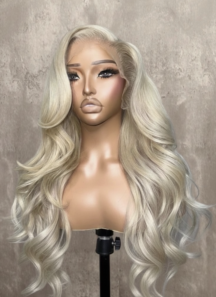 613 blonde straight human-hair wig with long sleek strands and HD lace front displayed on mannequin — Lux Lash and Hair.