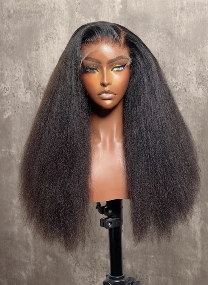 Raw kinky straight human-hair wig with full, textured volume and HD lace front displayed on mannequin — Lux Lash and Hair.