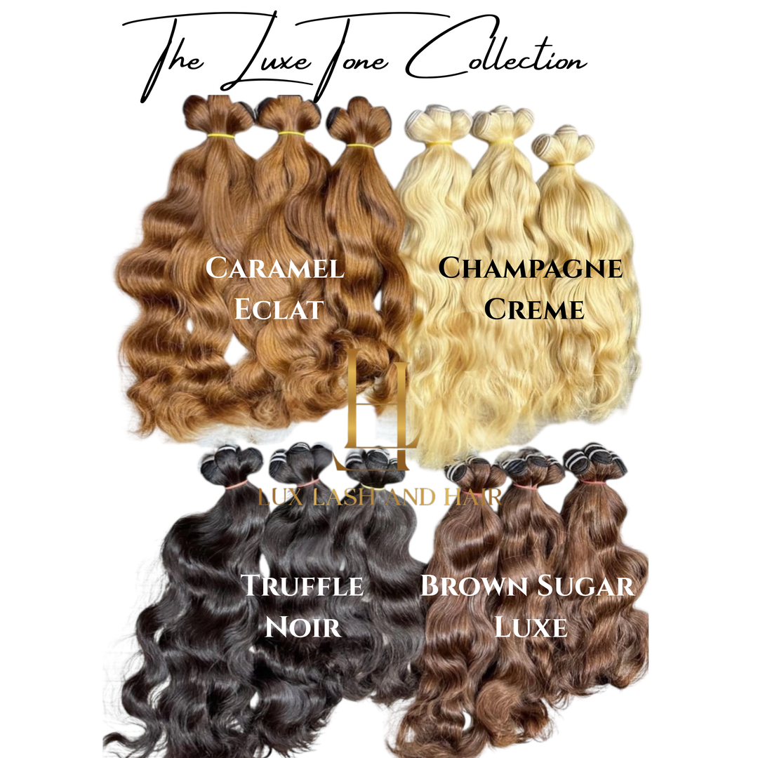 The Luxe Tone Collection by Lux Lash and Hair featuring four premium shades of raw human hair bundles — Caramel Éclat, Champagne Crème, Truffle Noire, and Brown Sugar Luxe — displayed on a white background.