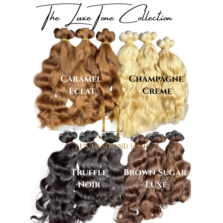 The Luxe Tone Collection by Lux Lash and Hair featuring four premium shades of raw human hair bundles — Caramel Éclat, Champagne Crème, Truffle Noire, and Brown Sugar Luxe — displayed on a white background.