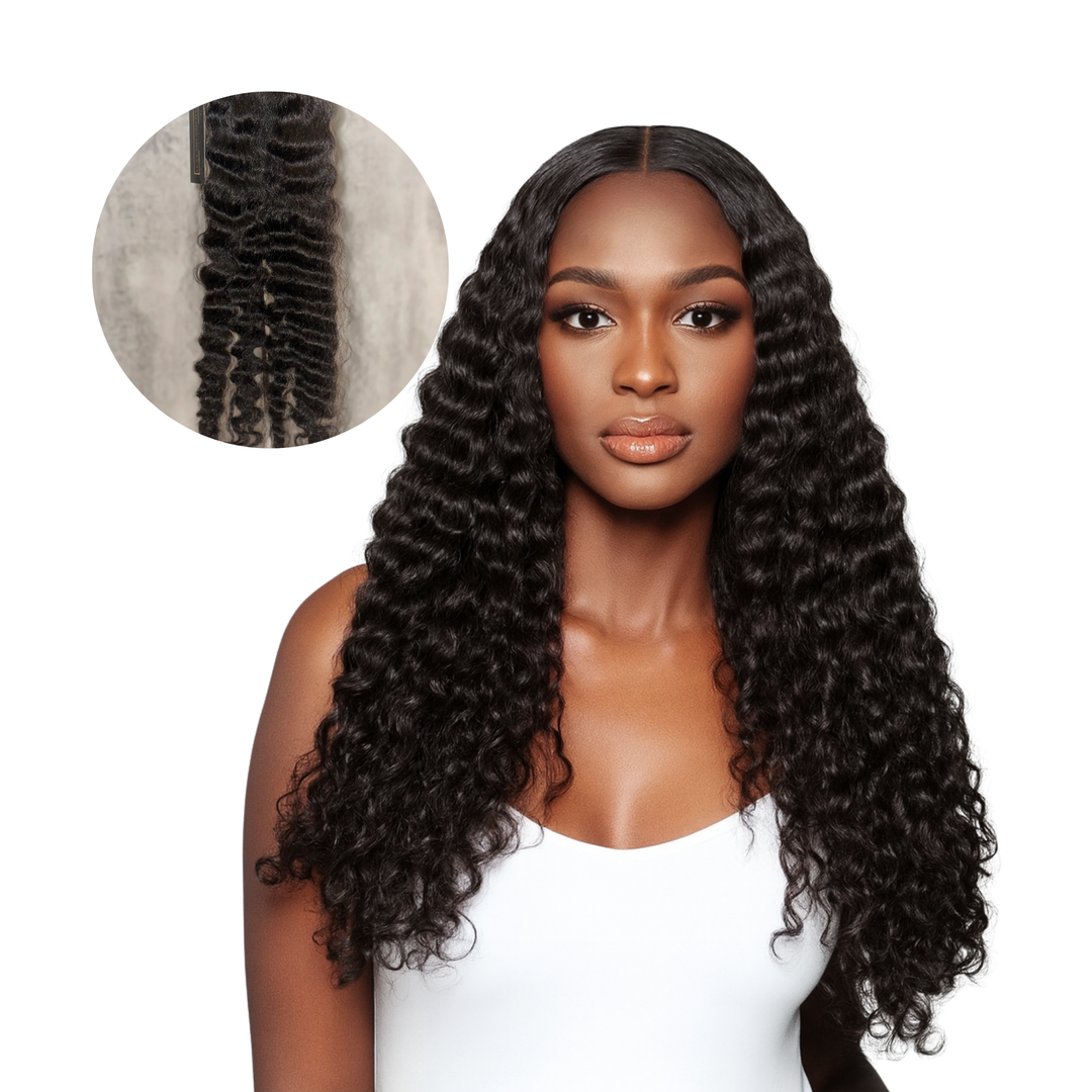 Raw Burmese Curly hair bundles installed on model, with close-up inset showing tight, defined curl pattern and natural luster