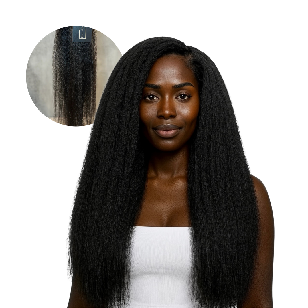 Raw Cambodian Kinky Straight hair bundles installed on model, with close-up inset showing coarse, natural texture and full volume.