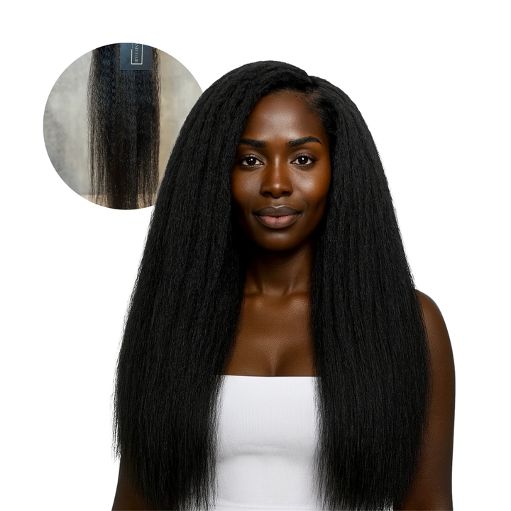 Raw Cambodian Kinky Straight hair bundles installed on model, with close-up inset showing coarse, natural texture and full volume.