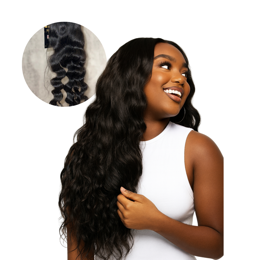 Raw Deep Wave hair bundles installed on smiling model, with close-up inset showing defined wave pattern and natural shine.