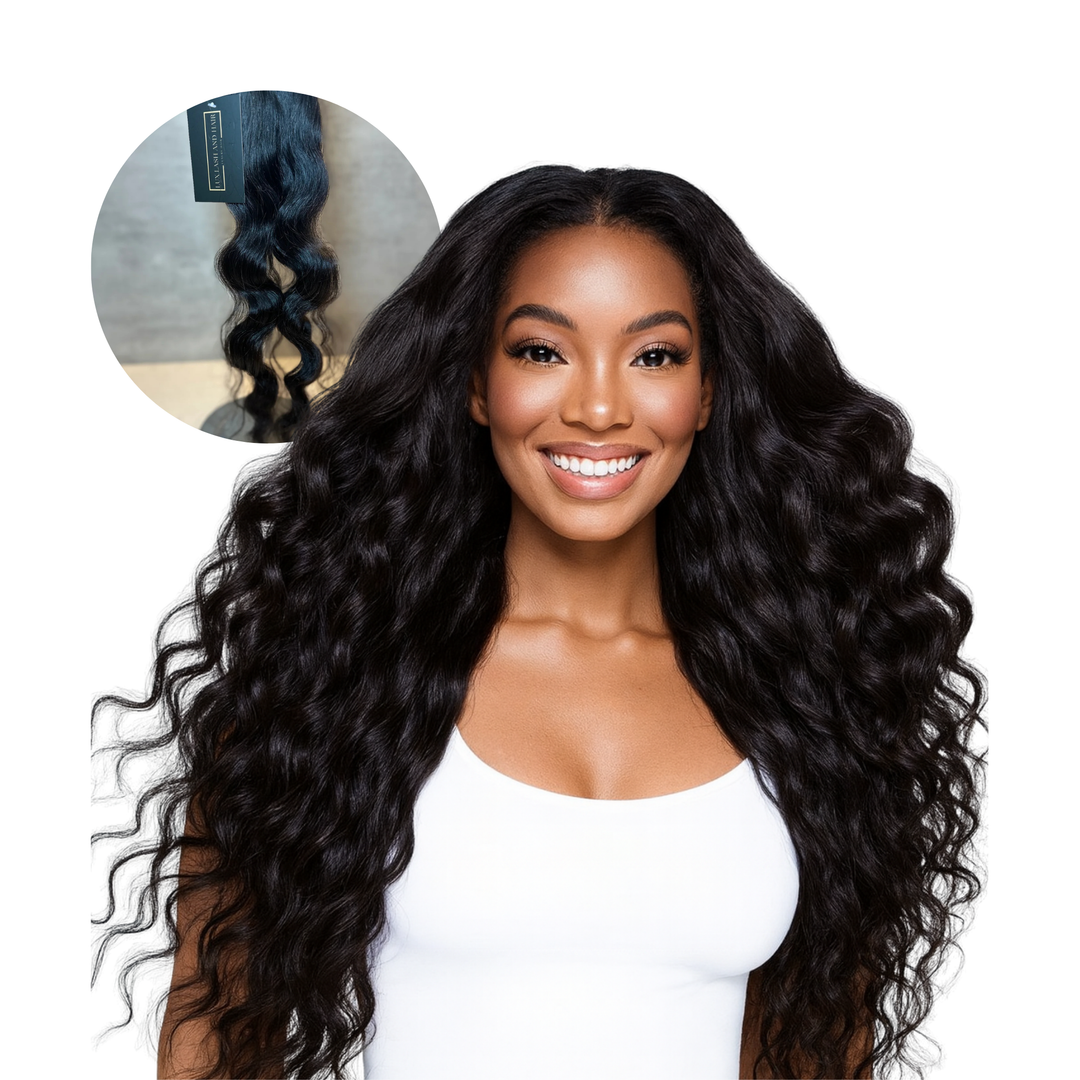 Raw Natural Wave hair bundles installed on smiling model, with close-up inset showing loose wave pattern and natural sheen.