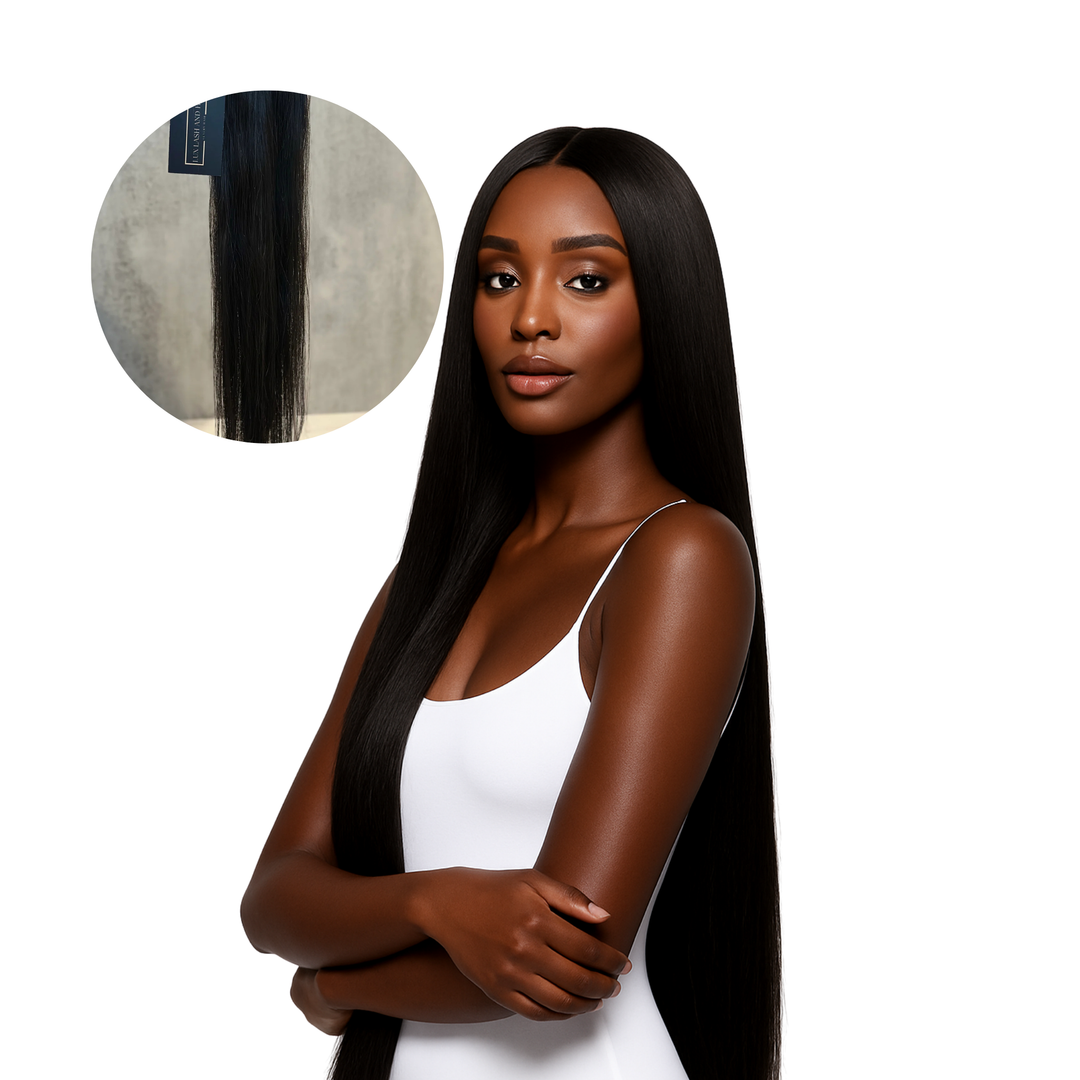 Raw Vietnamese Straight hair bundles installed on model, with close-up inset showing silky straight texture and natural shine.