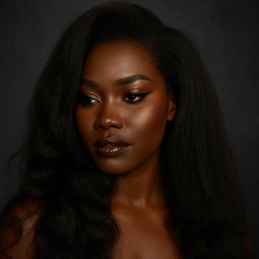 Dark-skinned woman wearing raw Cambodian kinky straight hair extensions, styled in a natural full look with middle part.