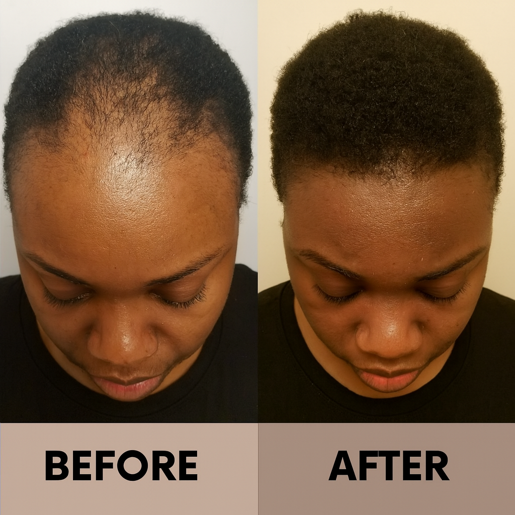 Before and after comparison showing significant hair regrowth and increased thickness following scalp treatment.