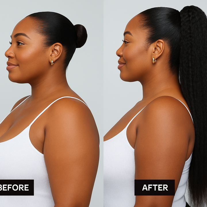 Before and after results with Raw Kinky Straight Clip-In Ponytail Extension – model with natural bun vs. long sleek ponytail.