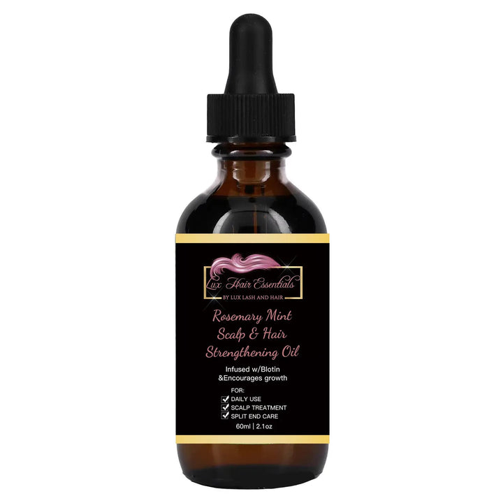 View of a 60ml bottle of Lux Lash and Hair Rosemary Mint Scalp & Hair Strengthening Oil showing the ingredients, directions, and caution label, on white background