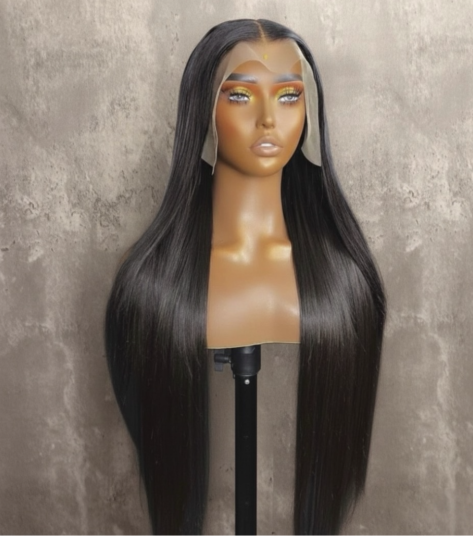 Raw Vietnamese straight human-hair wig with ultra-sleek, long silky strands and HD lace front displayed on mannequin — Lux Lash and Hair.
