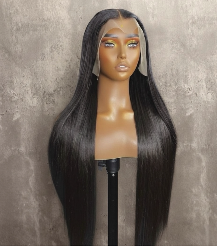 Raw Vietnamese straight human-hair wig with ultra-sleek, long silky strands and HD lace front displayed on mannequin — Lux Lash and Hair.
