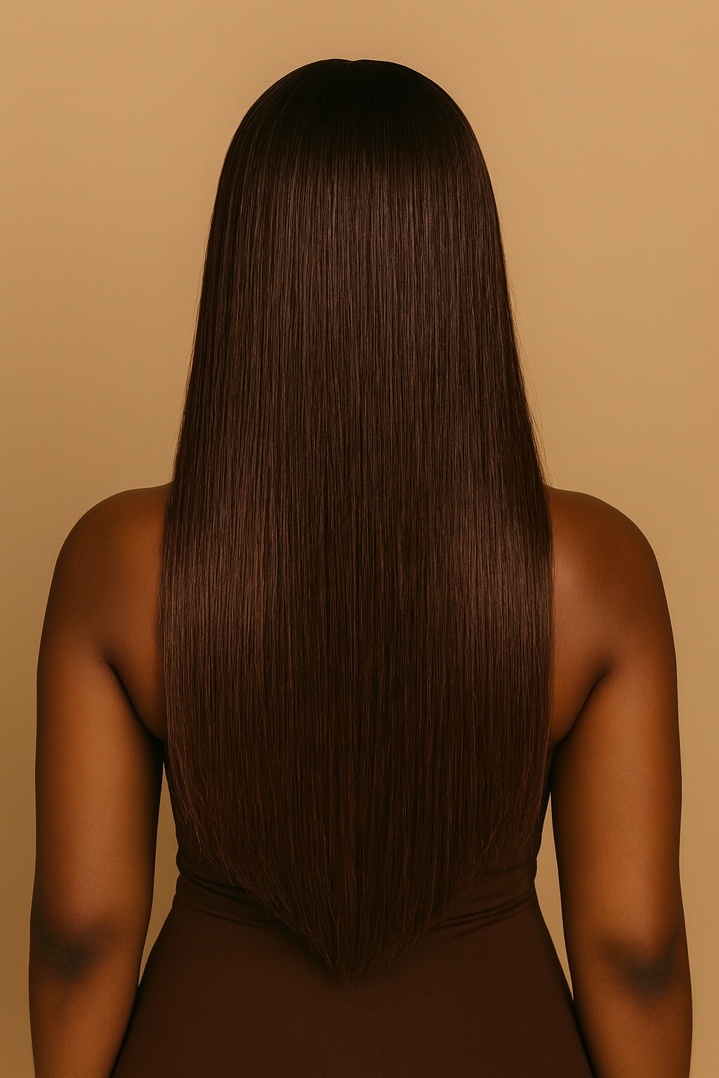 Back view of a woman wearing Lux Lash and Hair’s Truffle Noire wig, showcasing long, silky, straight brown hair with soft waves and a luxurious shine against an orange background.